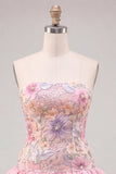 Strapless roze bloemenjurk met A-lijn homecoming jurk met pailletten