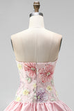 Strapless roze bloemenjurk met A-lijn homecoming jurk met pailletten