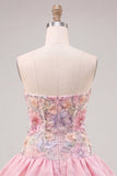 Strapless roze bloemenjurk met A-lijn homecoming jurk met pailletten