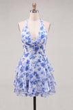 A-lijn chiffon blauwe bloemen gelaagde halterhals korte homecomingjurk