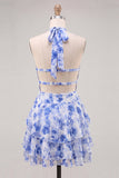 A-lijn chiffon blauwe bloemen gelaagde halterhals korte homecomingjurk