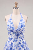 A-lijn chiffon blauwe bloemen gelaagde halterhals korte homecomingjurk