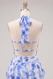 A-lijn chiffon blauwe bloemen gelaagde halterhals korte homecomingjurk