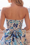 Sweetheart roze bloem A-lijn Jacquard Pearls Homecoming jurk met strik