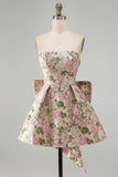 Sweetheart roze bloem A-lijn Jacquard Pearls Homecoming jurk met strik