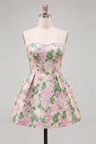 Sweetheart roze bloem A-lijn Jacquard Pearls Homecoming jurk met strik