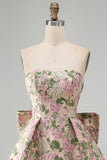 Sweetheart roze bloem A-lijn Jacquard Pearls Homecoming jurk met strik