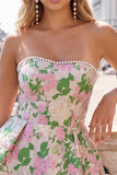 Sweetheart roze bloem A-lijn Jacquard Pearls Homecoming jurk met strik