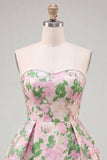 Sweetheart roze bloem A-lijn Jacquard Pearls Homecoming jurk met strik
