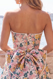 Sweetheart roze bloem A-lijn Jacquard Pearls Homecoming jurk met strik