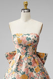 Sweetheart roze bloem A-lijn Jacquard Pearls Homecoming jurk met strik