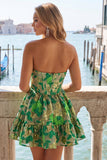 Groene Sweetheart A-lijn korset Jacquard Homecoming jurk met ruches