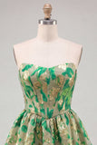 Groene Sweetheart A-lijn korset Jacquard Homecoming jurk met ruches