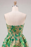 Groene Sweetheart A-lijn korset Jacquard Homecoming jurk met ruches