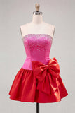 Fuchsia en rode strapless kralenvormige A-lijn korte homecomingjurk met strik
