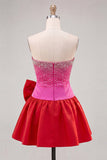 Fuchsia en rode strapless kralenvormige A-lijn korte homecomingjurk met strik