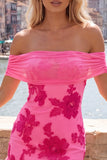 Off-the-shoulder gele, gebloemde strakke homecomingjurk met ruches