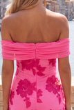Off-the-shoulder gele, gebloemde strakke homecomingjurk met ruches