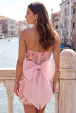 Gele strapless bodycon bloemenpailletten homecomingjurk met strik