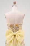 Gele strapless bodycon bloemenpailletten homecomingjurk met strik