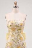 Gele strapless bodycon bloemenpailletten homecomingjurk met strik