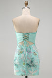 Roze bodycon strapless bloemenpailletten met veter op de achterkant Homecoming jurk met strik