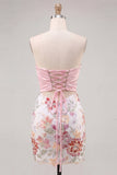 Roze bodycon strapless bloemenpailletten met veter op de achterkant Homecoming jurk met strik