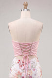 Roze bodycon strapless bloemenpailletten met veter op de achterkant Homecoming jurk met strik