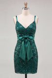 Donkergroene spaghettibandjes pailletten bodycon veter achterin homecomingjurk met strik