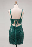 Donkergroene spaghettibandjes pailletten bodycon veter achterin homecomingjurk met strik