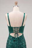 Donkergroene spaghettibandjes pailletten bodycon veter achterin homecomingjurk met strik