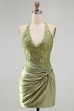 Army Green halter hals met gerimpeld bloemensatijn bodycon met kralen Homecoming jurk