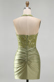 Army Green halter hals met gerimpeld bloemensatijn bodycon met kralen Homecoming jurk