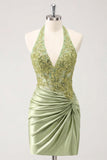 Army Green halter hals met gerimpeld bloemensatijn bodycon met kralen Homecoming jurk
