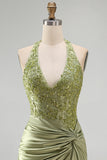 Army Green halter hals met gerimpeld bloemensatijn bodycon met kralen Homecoming jurk