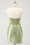 Army Green halter hals met gerimpeld bloemensatijn bodycon met kralen Homecoming jurk