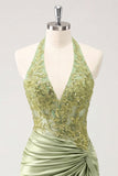 Army Green halter hals met gerimpeld bloemensatijn bodycon met kralen Homecoming jurk