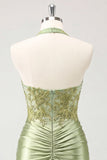 Army Green halter hals met gerimpeld bloemensatijn bodycon met kralen Homecoming jurk