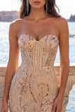 Strapless champagne bodycon pailletten homecoming jurk met veter op de rug
