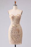 Strapless champagne bodycon pailletten homecoming jurk met veter op de rug