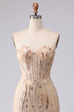 Strapless champagne bodycon pailletten homecoming jurk met veter op de rug
