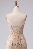 Strapless champagne bodycon pailletten homecoming jurk met veter op de rug