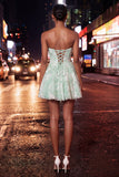 Stoffige blauwe A-lijn Sweetheart Pearl Bloemen Korte Homecoming Jurk met Veter Op de Rug