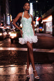 Mintgroene halterhals parelmoer bodycon geruffelde bloemen homecoming jurk met veter op de rug