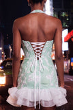 Mintgroene halterhals parelmoer bodycon geruffelde bloemen homecoming jurk met veter op de rug
