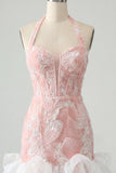 Mintgroene halterhals parelmoer bodycon geruffelde bloemen homecoming jurk met veter op de rug