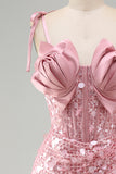 Bodycon doorschijnend korset met gerimpelde pailletten met strikbandjes korte homecomingjurk