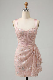 Blush bodycon halter hals korset met kant op de rug gerimpelde homecoming jurk met sjerp