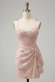 Blush bodycon halter hals korset met kant op de rug gerimpelde homecoming jurk met sjerp