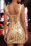 Champagne Bodycon doorschijnend korset, ruche, pailletten, homecomingjurk